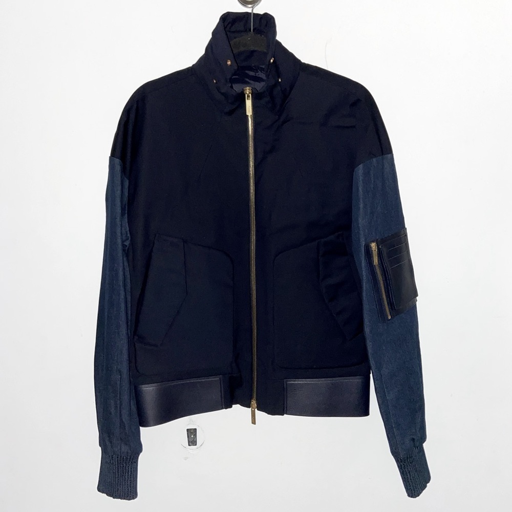 Juun.J Leather Accented Navy Bomber Jacket​​​​​